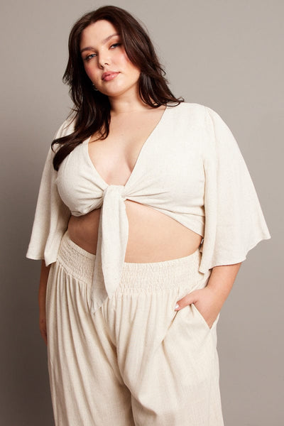 Beige Linen Blend Tie Front Flare Sleeve Bolero Jacket | You & All