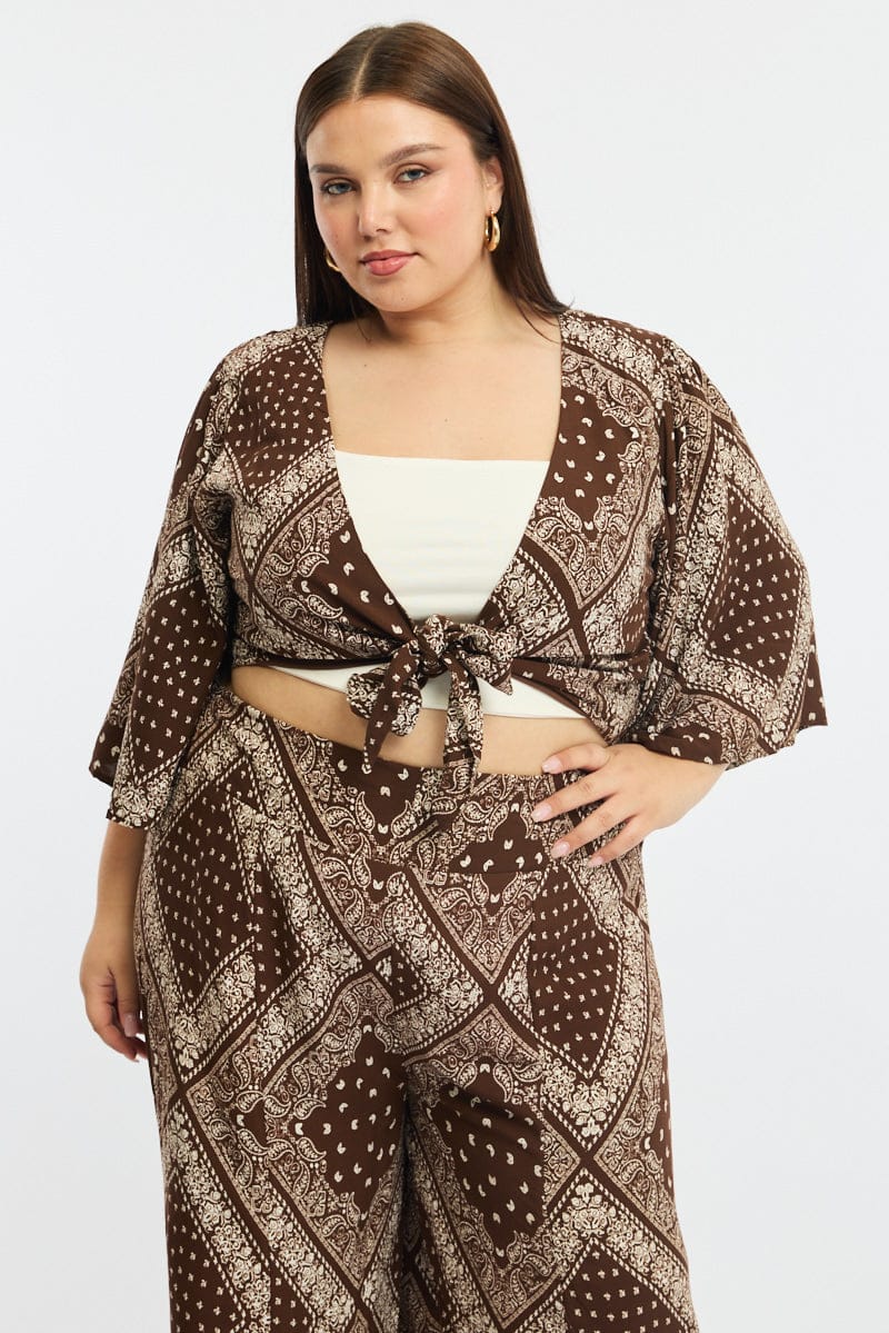 Brown Paisley Tie Up Bolero Short Sleeve for YouandAll Fashion