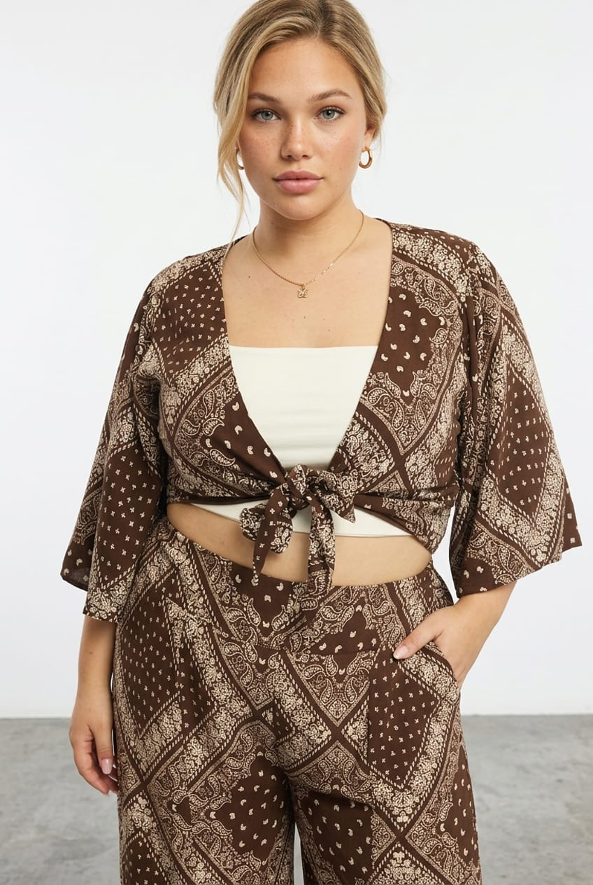 Brown Paisley Tie Up Bolero Short Sleeve for YouandAll Fashion
