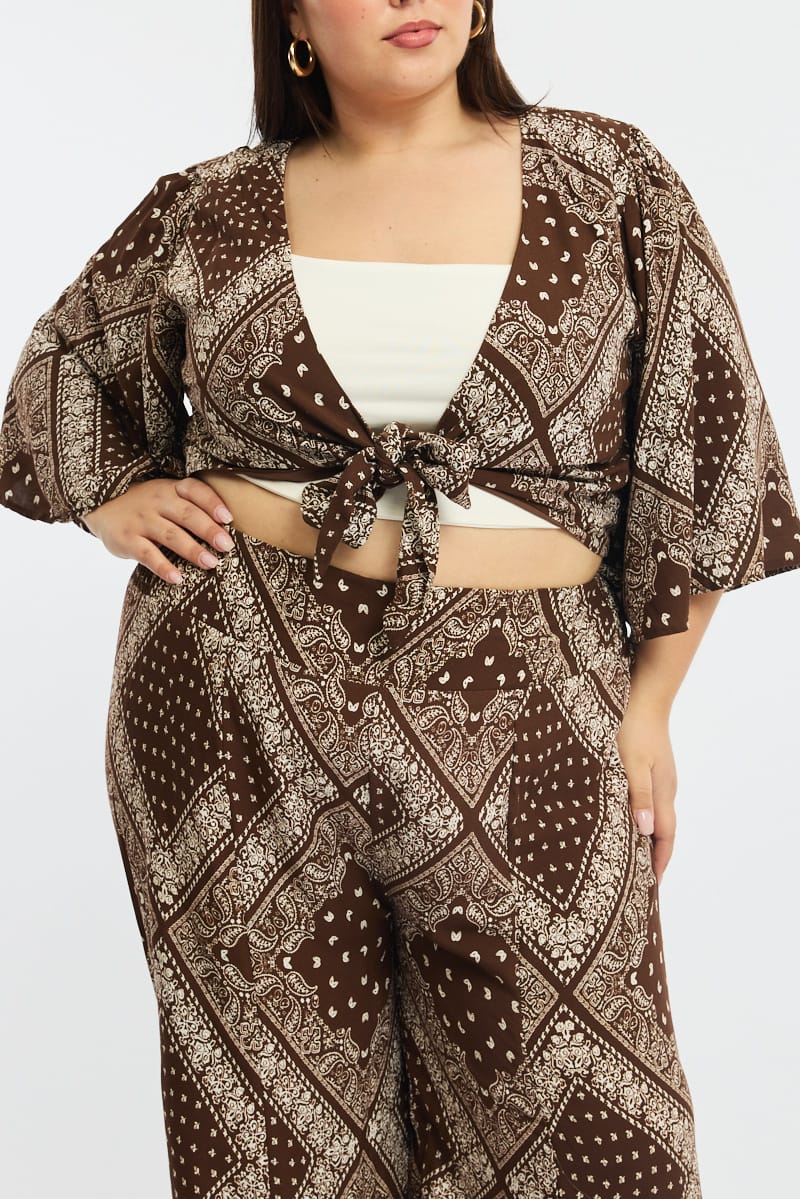 Brown Paisley Tie Up Bolero Short Sleeve for YouandAll Fashion