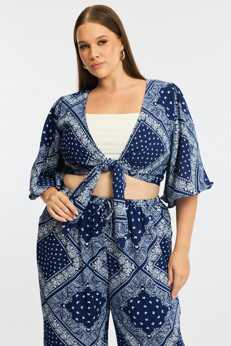Blue Paisley Tie Up Bolero Short Sleeve for YouandAll Fashion