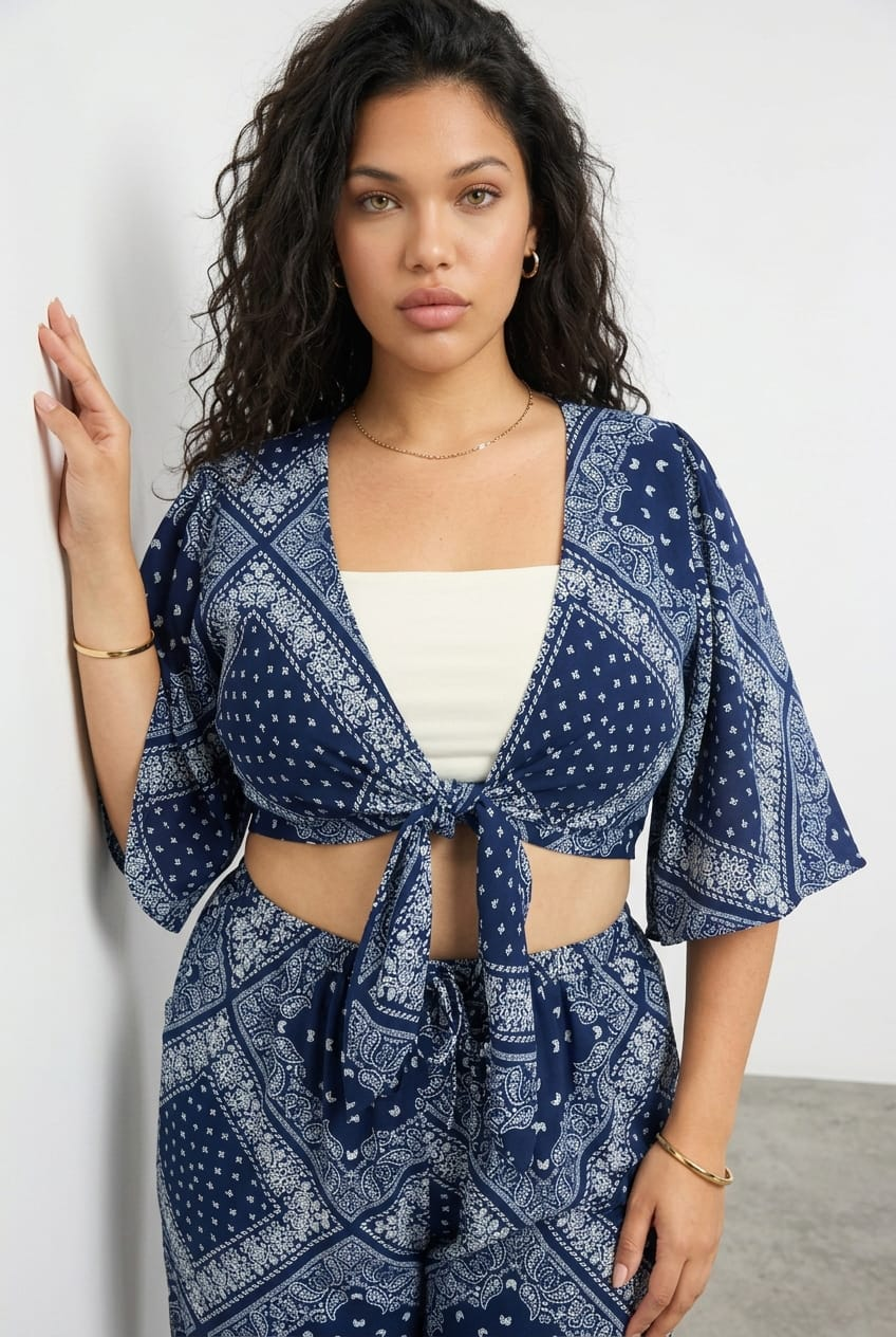 Blue Paisley Tie Up Bolero Short Sleeve for YouandAll Fashion