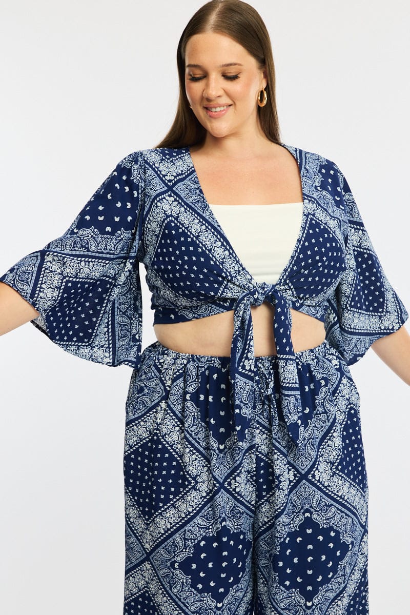 Blue Paisley Tie Up Bolero Short Sleeve for YouandAll Fashion