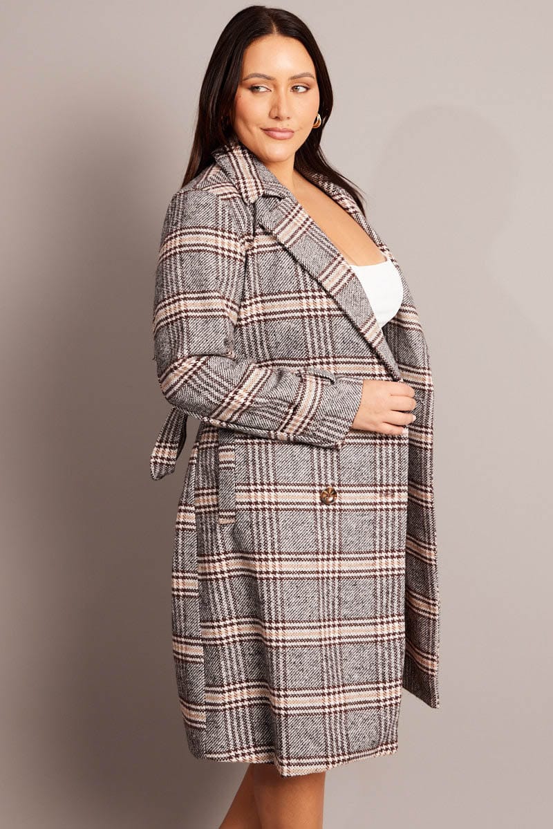 Brown Check Coat With Belt for YouandAll Fashion