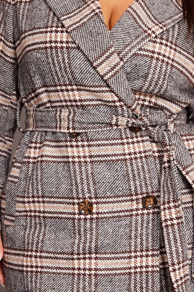 Brown Check Coat With Belt for YouandAll Fashion