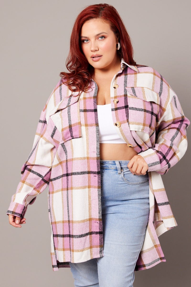 Pink Check Longline Check Shacket for YouandAll Fashion