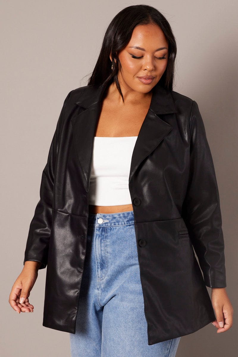Black Faux Leather Seam Blazer for YouandAll Fashion
