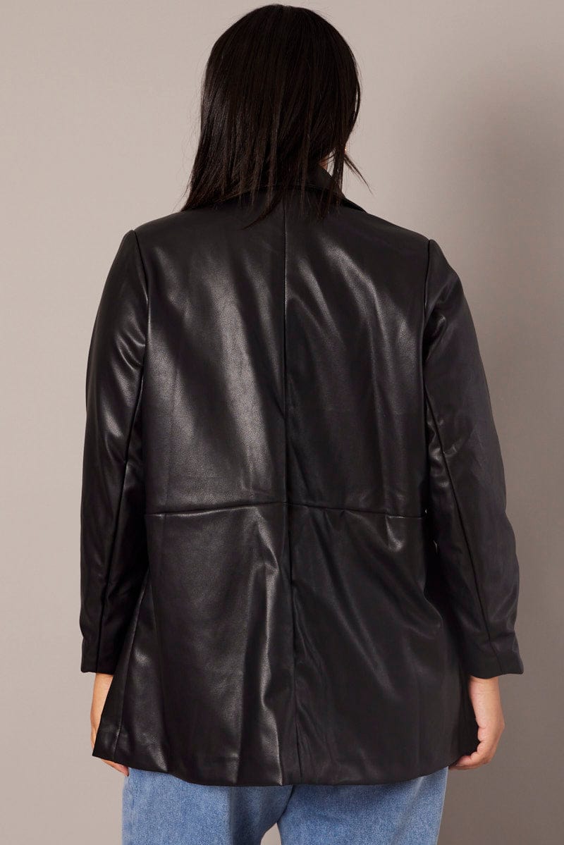 Black Faux Leather Seam Blazer for YouandAll Fashion