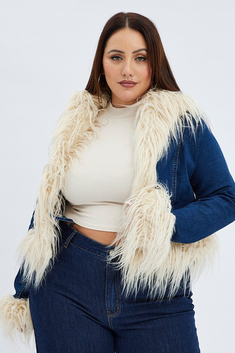 Denim Jacket Shaggy Fur Trim Stretch for YouandAll Fashion
