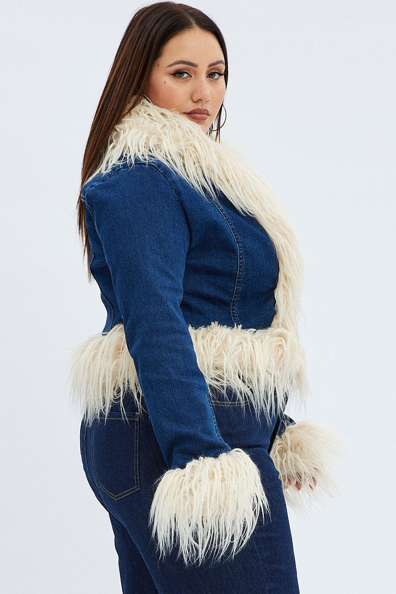 Denim Jacket Shaggy Fur Trim Stretch for YouandAll Fashion