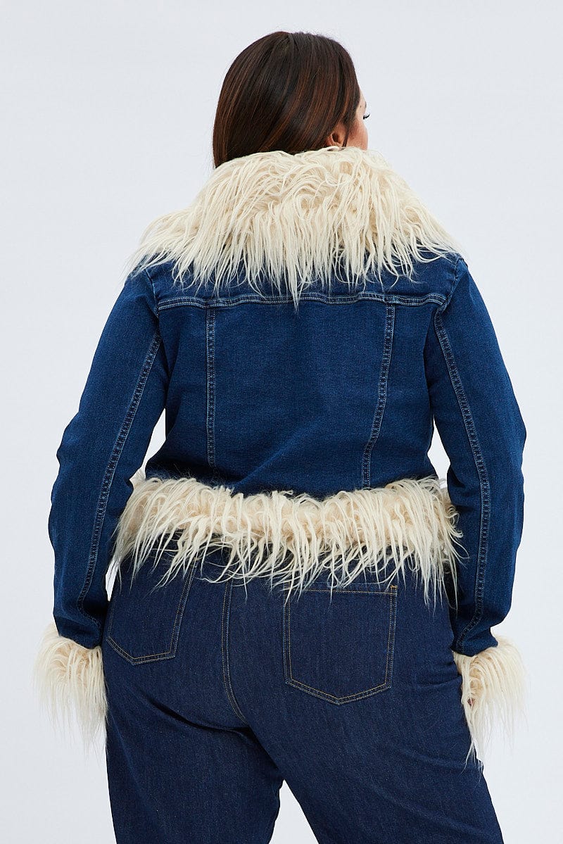Denim Jacket Fur Trim Mlanxeue Store Women's Long Denim Jacket