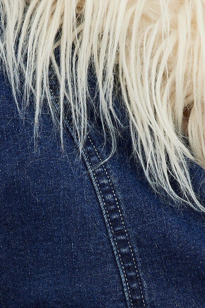 Denim Jacket Shaggy Fur Trim Stretch for YouandAll Fashion