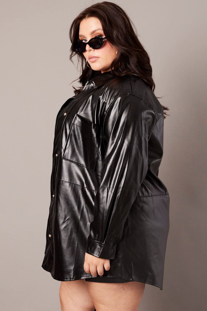 Black Pocket Faux Leather Longline Shacket for YouandAll Fashion