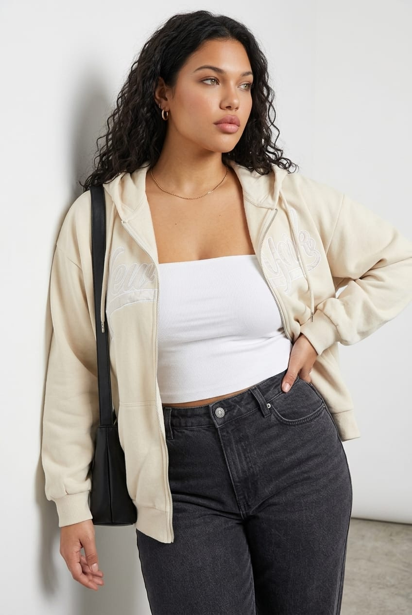 Beige Zip Up Hoodie Jacket New York Motif for YouandAll Fashion