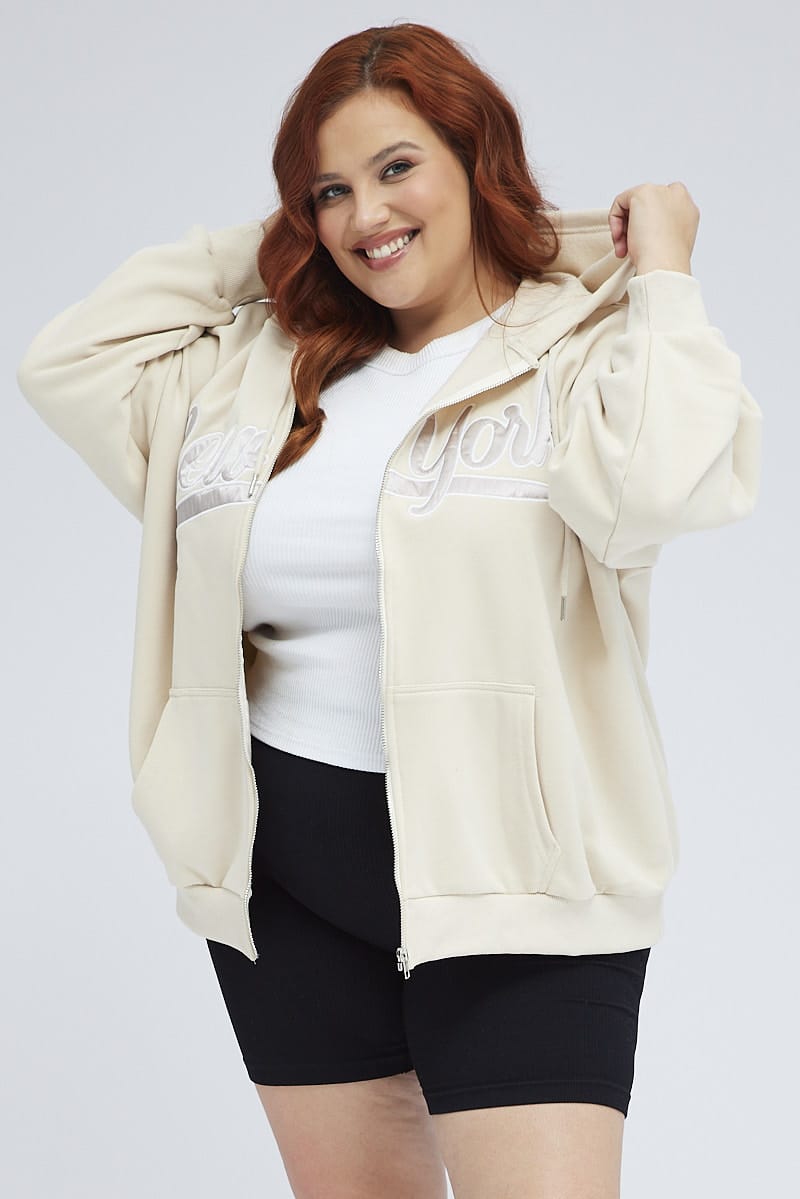 Beige Zip Up Hoodie Jacket New York Motif for YouandAll Fashion