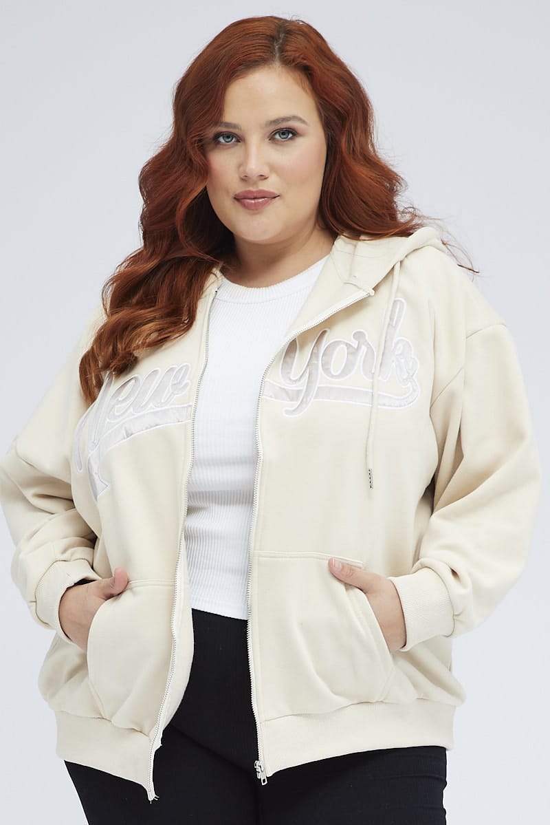 Beige Zip Up Hoodie Jacket New York Motif for YouandAll Fashion