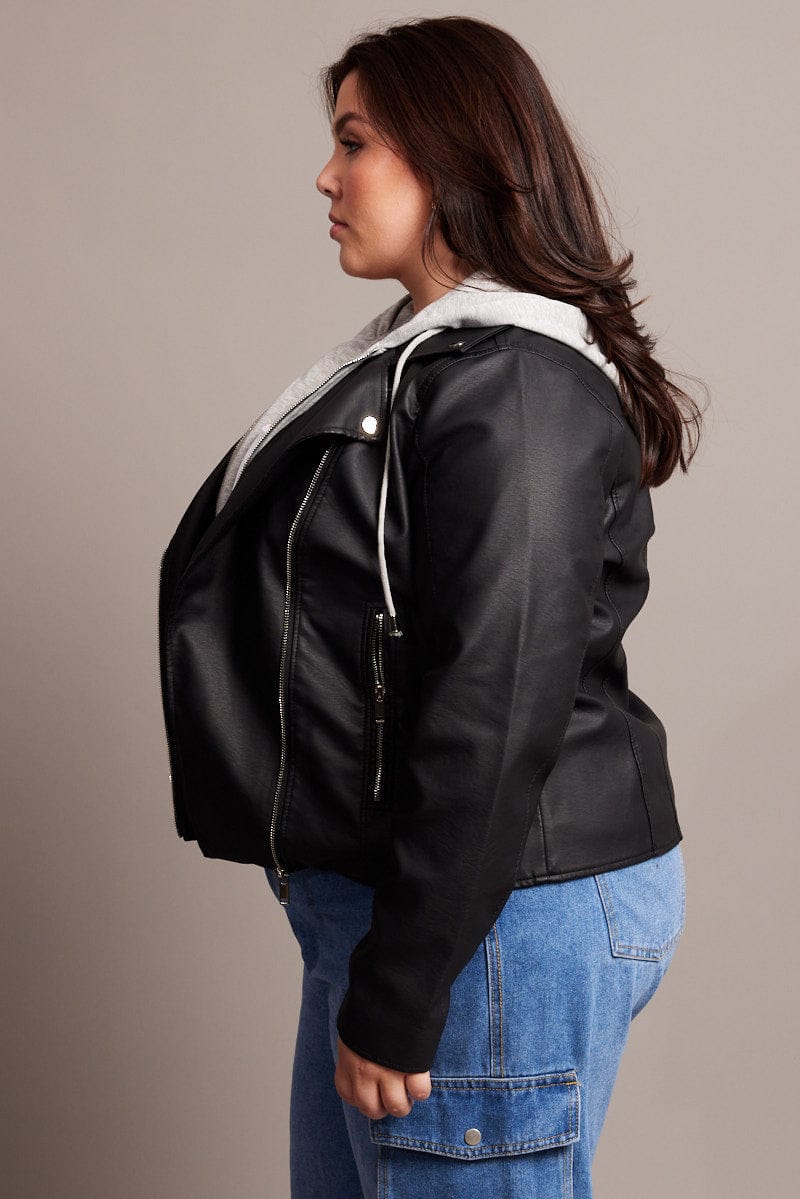 Black Faux Leather Jacket With Detachable Hood for YouandAll Fashion