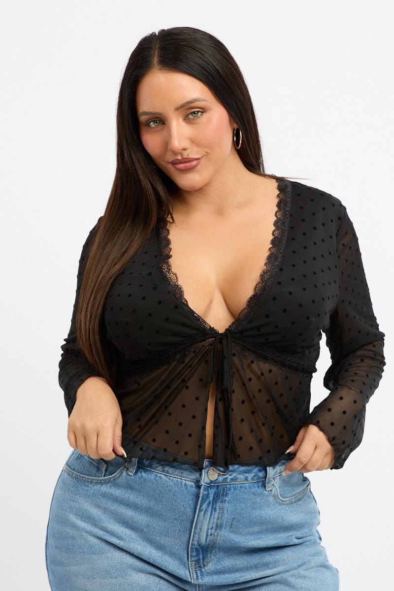 Black Spot Mesh Tie Lace Trim Cardigan for YouandAll Fashion