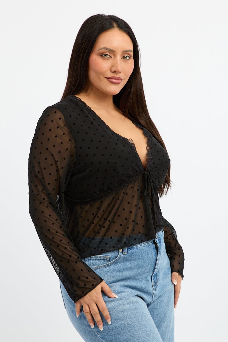 Black Spot Mesh Tie Lace Trim Cardigan for YouandAll Fashion