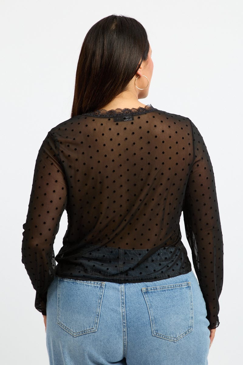 Black Spot Mesh Tie Lace Trim Cardigan for YouandAll Fashion