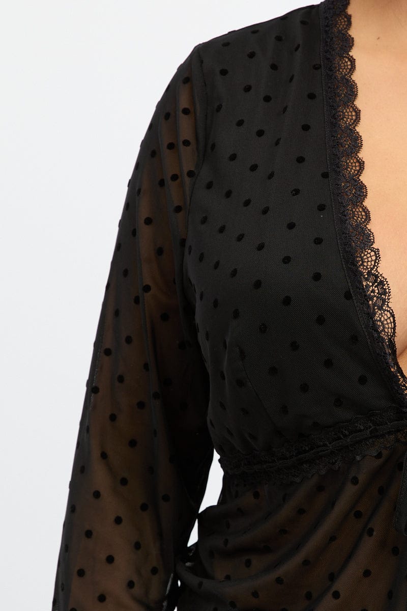 Black Spot Mesh Tie Lace Trim Cardigan for YouandAll Fashion