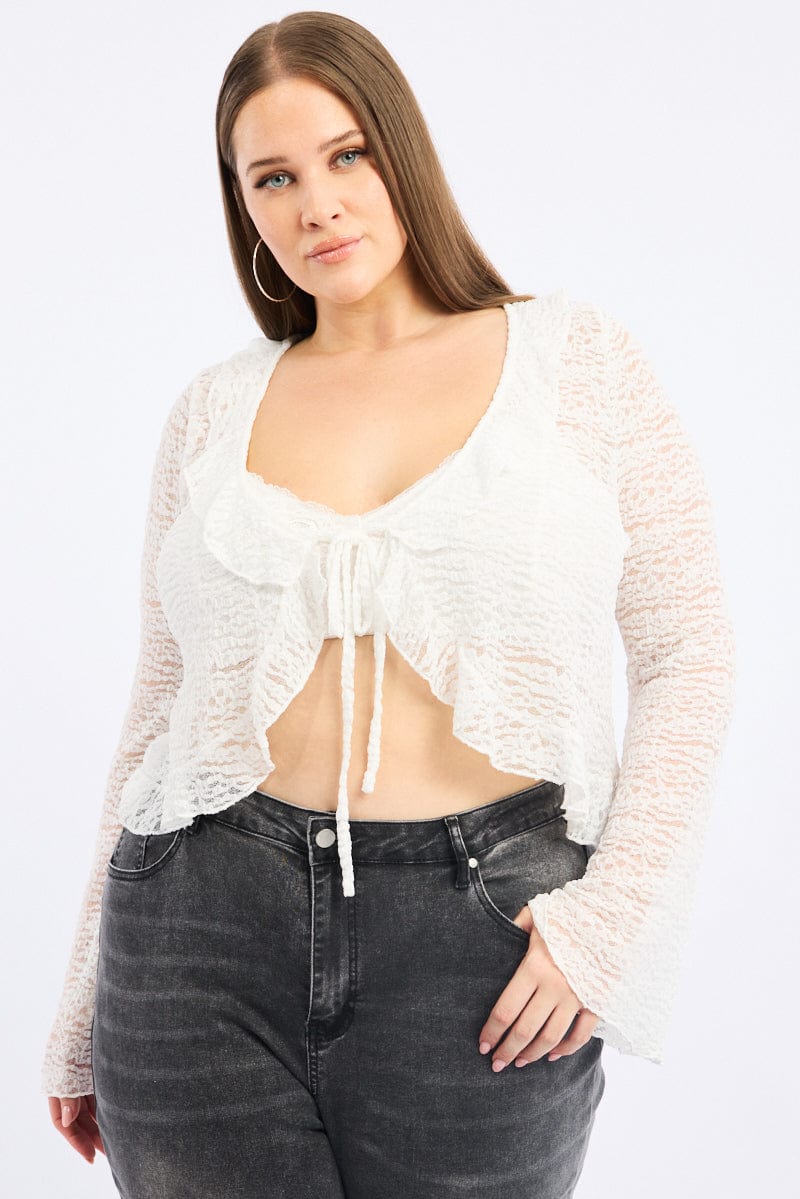 White Textured Lace Knit Tie Front Bolero Cardigan for YouandAll Fashion