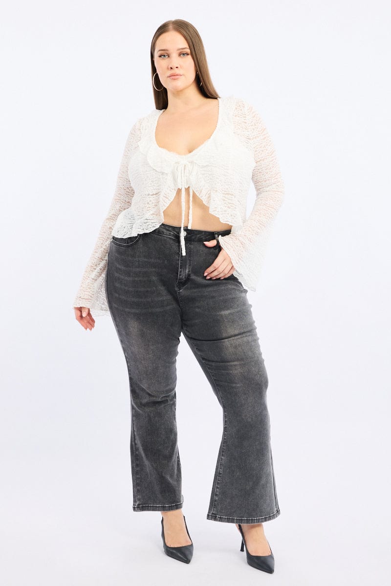 White Textured Lace Knit Tie Front Bolero Cardigan for YouandAll Fashion