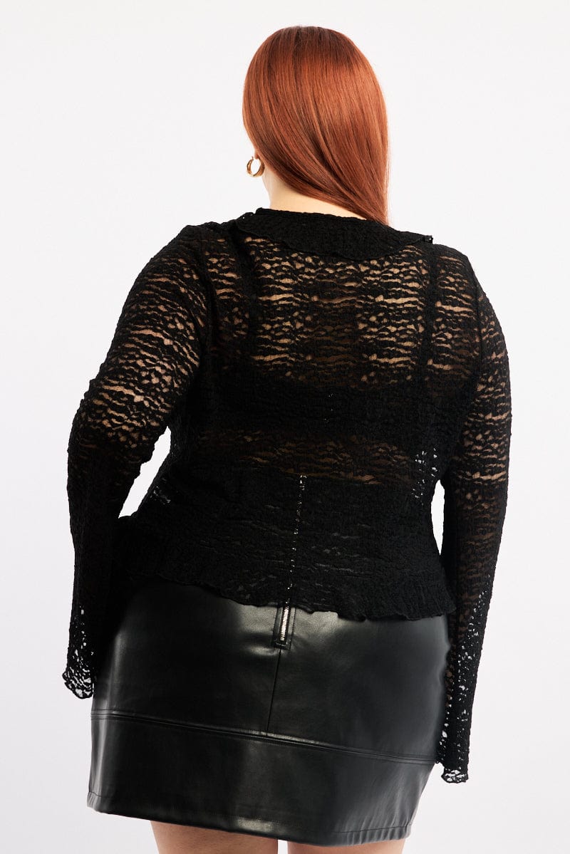 Black Textured Lace Knit Tie Front Bolero Cardigan for YouandAll Fashion