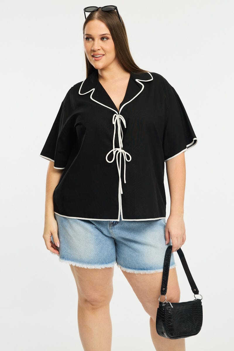 Black Collar Top Short Sleeve Tie Up for YouandAll Fashion