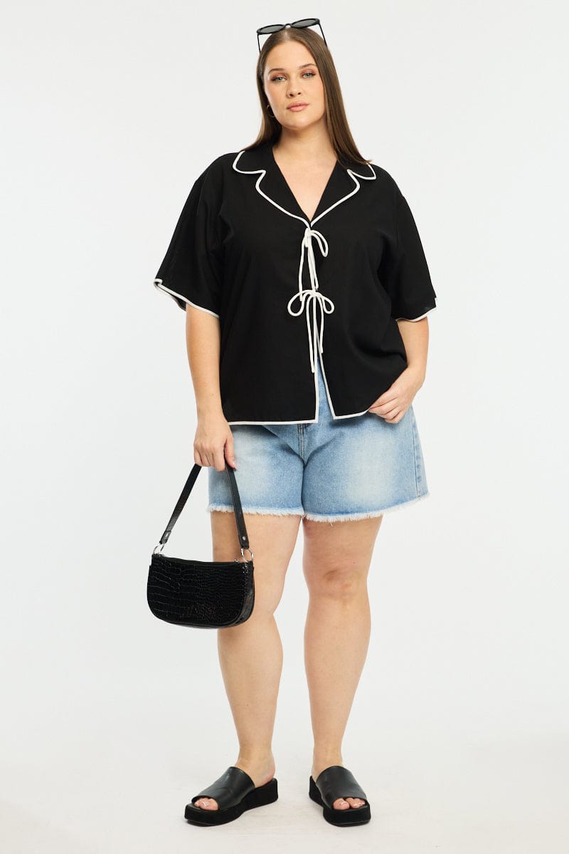 Black Collar Top Short Sleeve Tie Up for YouandAll Fashion