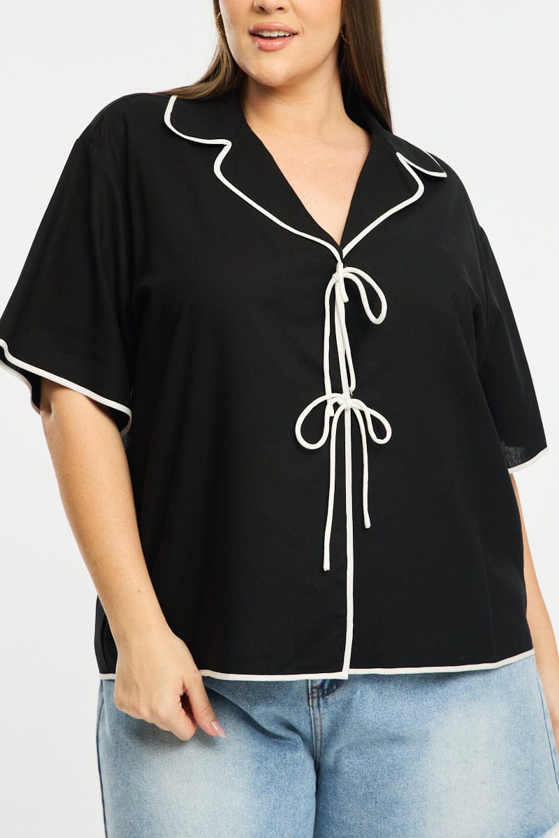 Black Collar Top Short Sleeve Tie Up for YouandAll Fashion