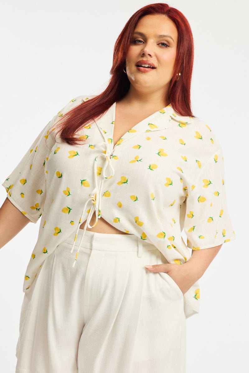 Yellow Ditsy Collar Top Short Sleeve Tie Up for YouandAll Fashion