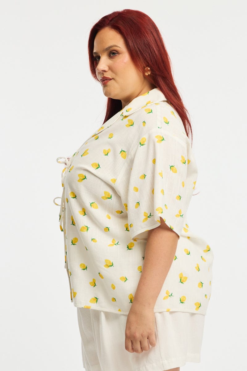 Yellow Ditsy Collar Top Short Sleeve Tie Up for YouandAll Fashion