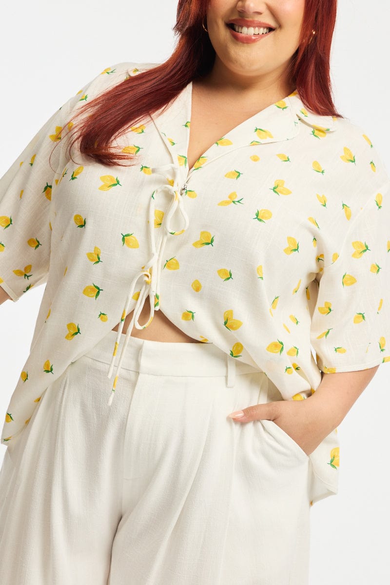 Yellow Ditsy Collar Top Short Sleeve Tie Up for YouandAll Fashion