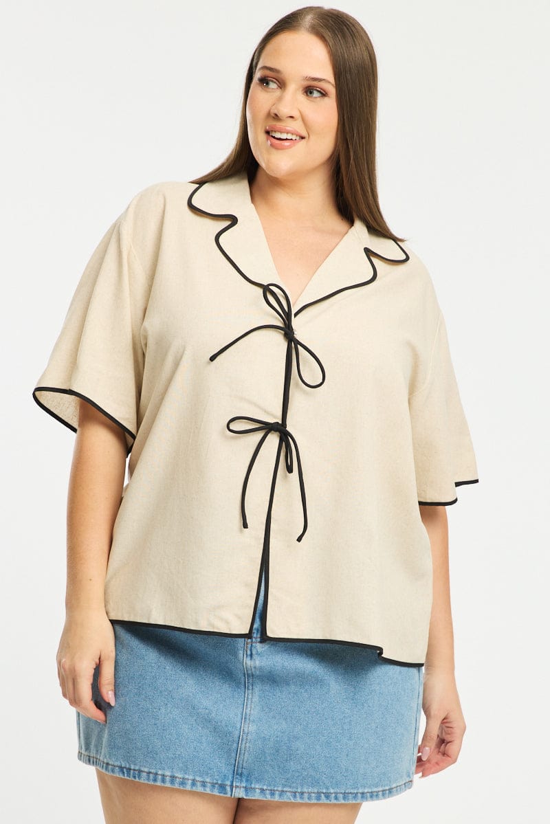 Beige Collar Top Short Sleeve Tie Up for YouandAll Fashion