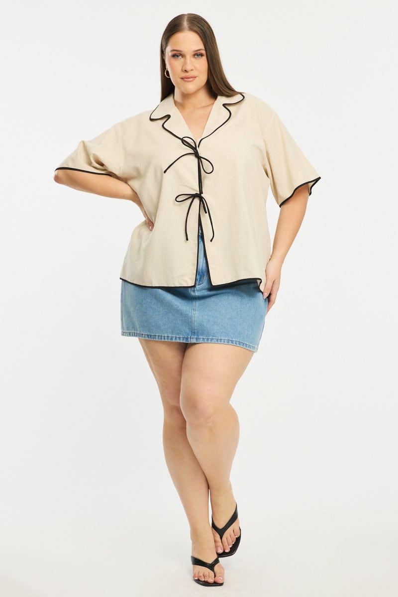 Beige Collar Top Short Sleeve Tie Up for YouandAll Fashion