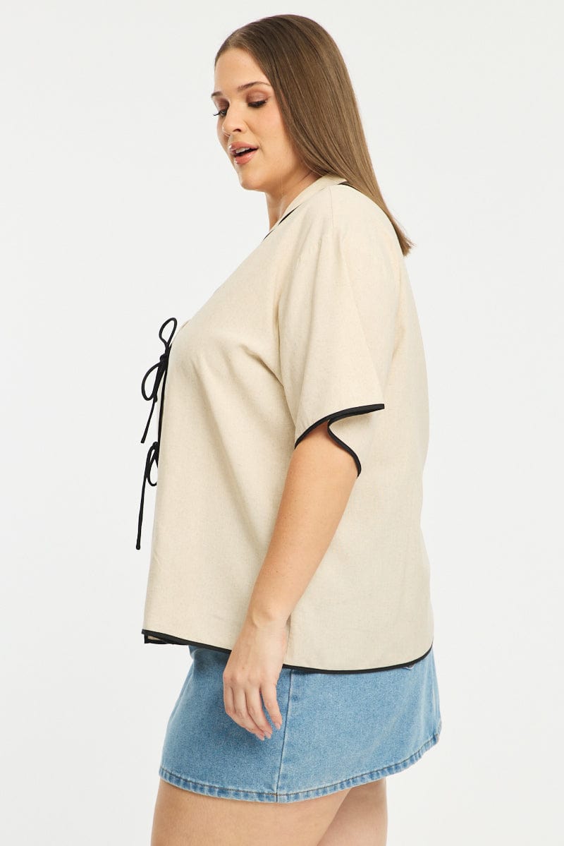 Beige Collar Top Short Sleeve Tie Up for YouandAll Fashion
