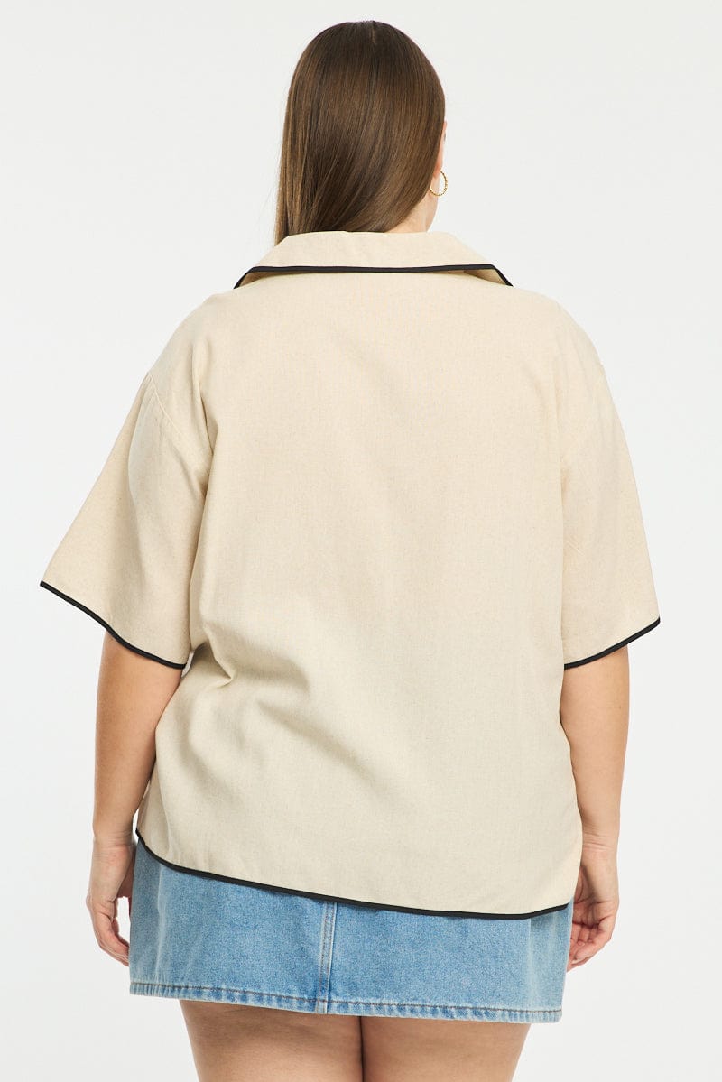 Beige Collar Top Short Sleeve Tie Up for YouandAll Fashion