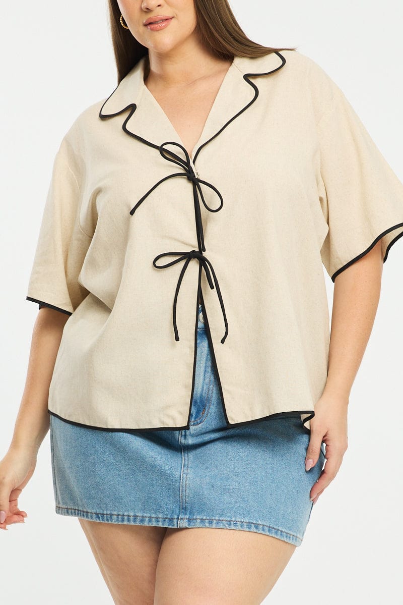 Beige Collar Top Short Sleeve Tie Up for YouandAll Fashion