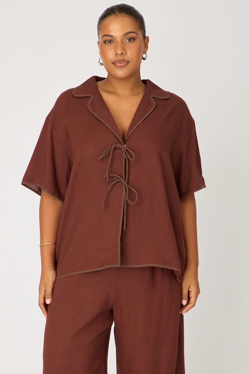 Brown Collar Top Short Sleeve Tie Up for YouandAll Fashion