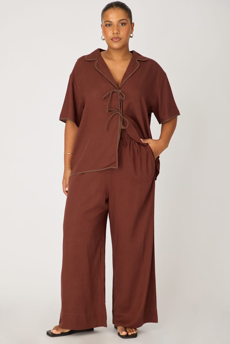 Brown Collar Top Short Sleeve Tie Up for YouandAll Fashion