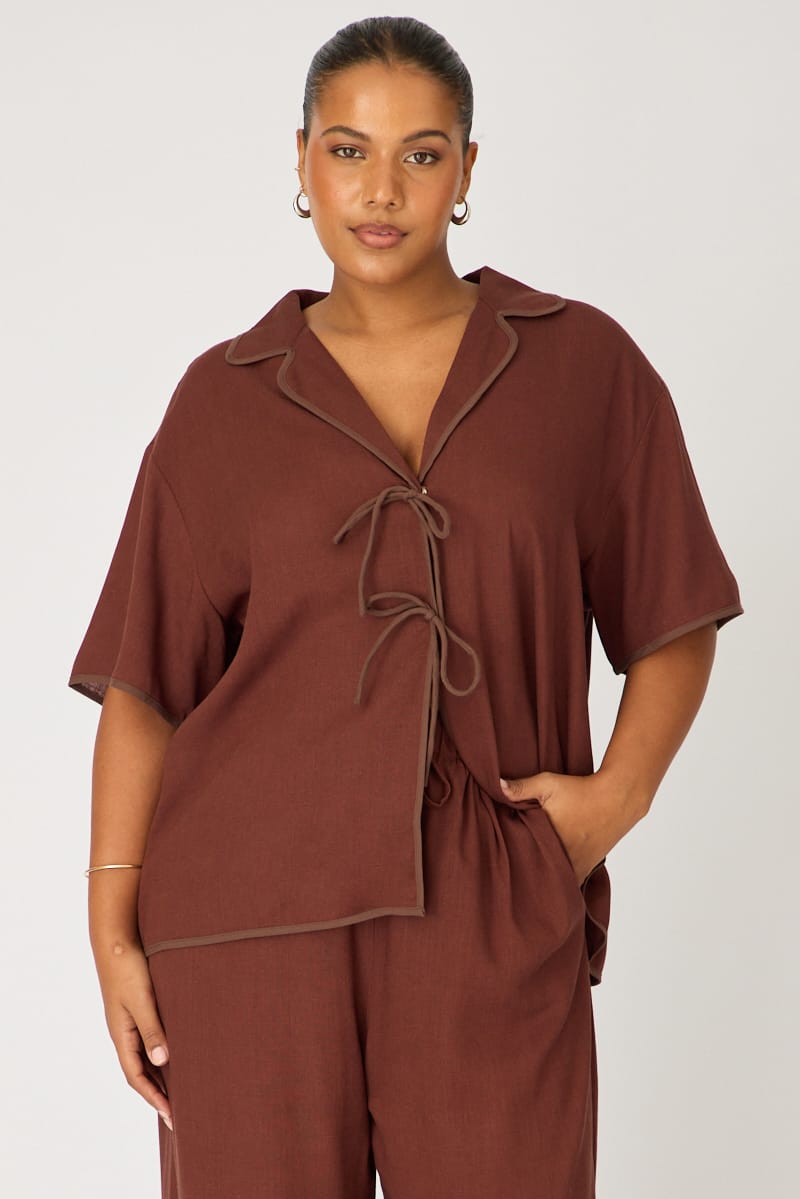 Brown Collar Top Short Sleeve Tie Up for YouandAll Fashion
