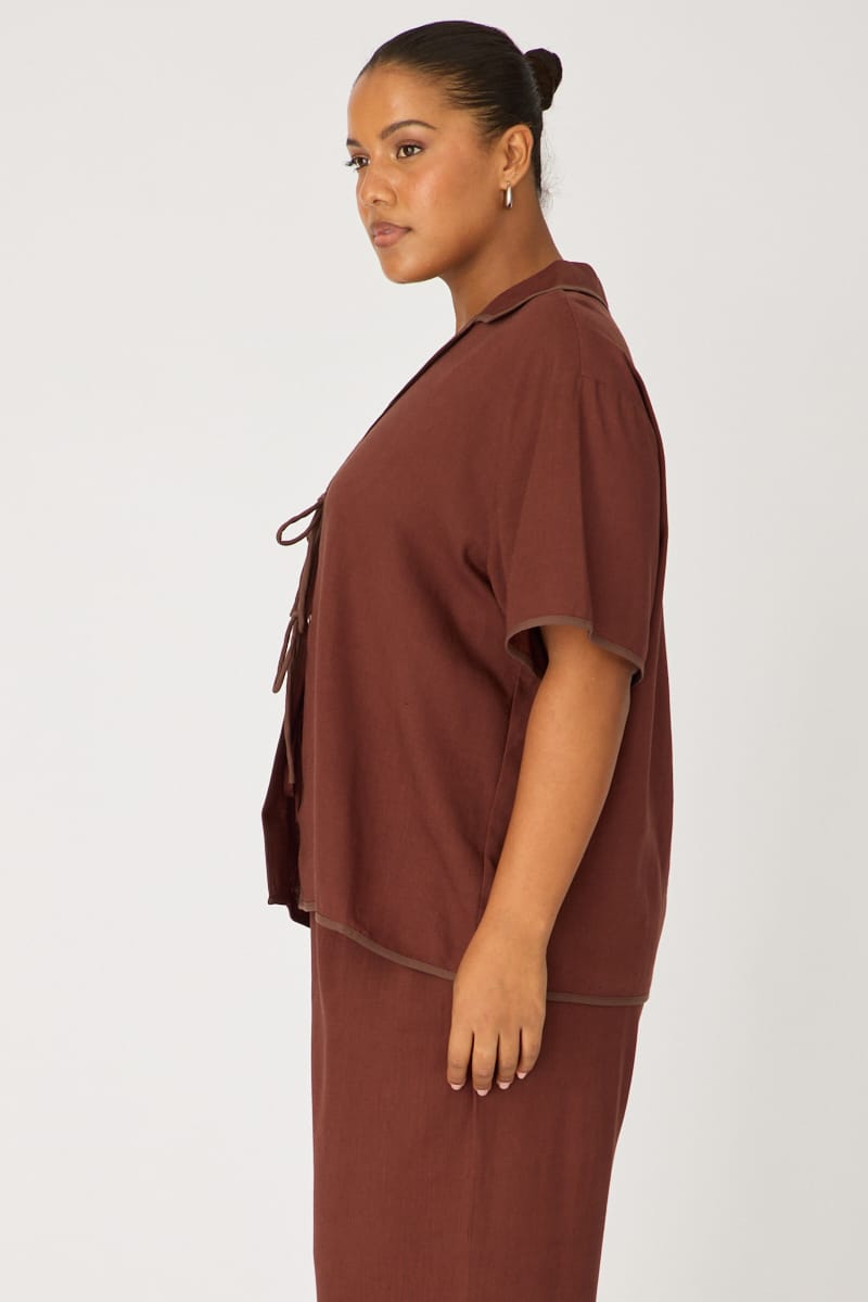 Brown Collar Top Short Sleeve Tie Up for YouandAll Fashion