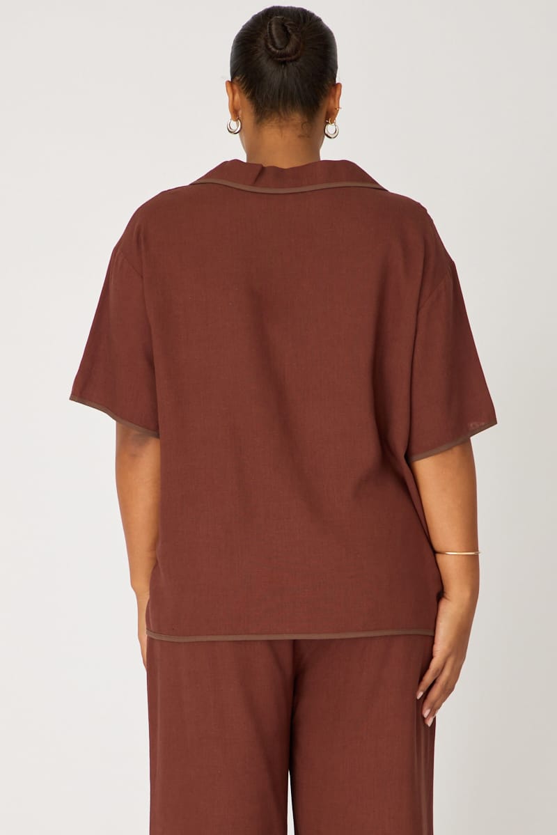 Brown Collar Top Short Sleeve Tie Up for YouandAll Fashion