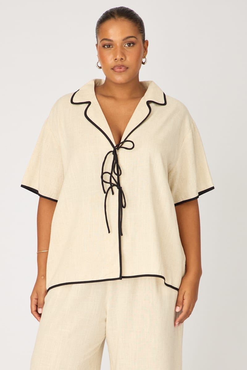 Beige Collar Top Short Sleeve Tie Up for YouandAll Fashion