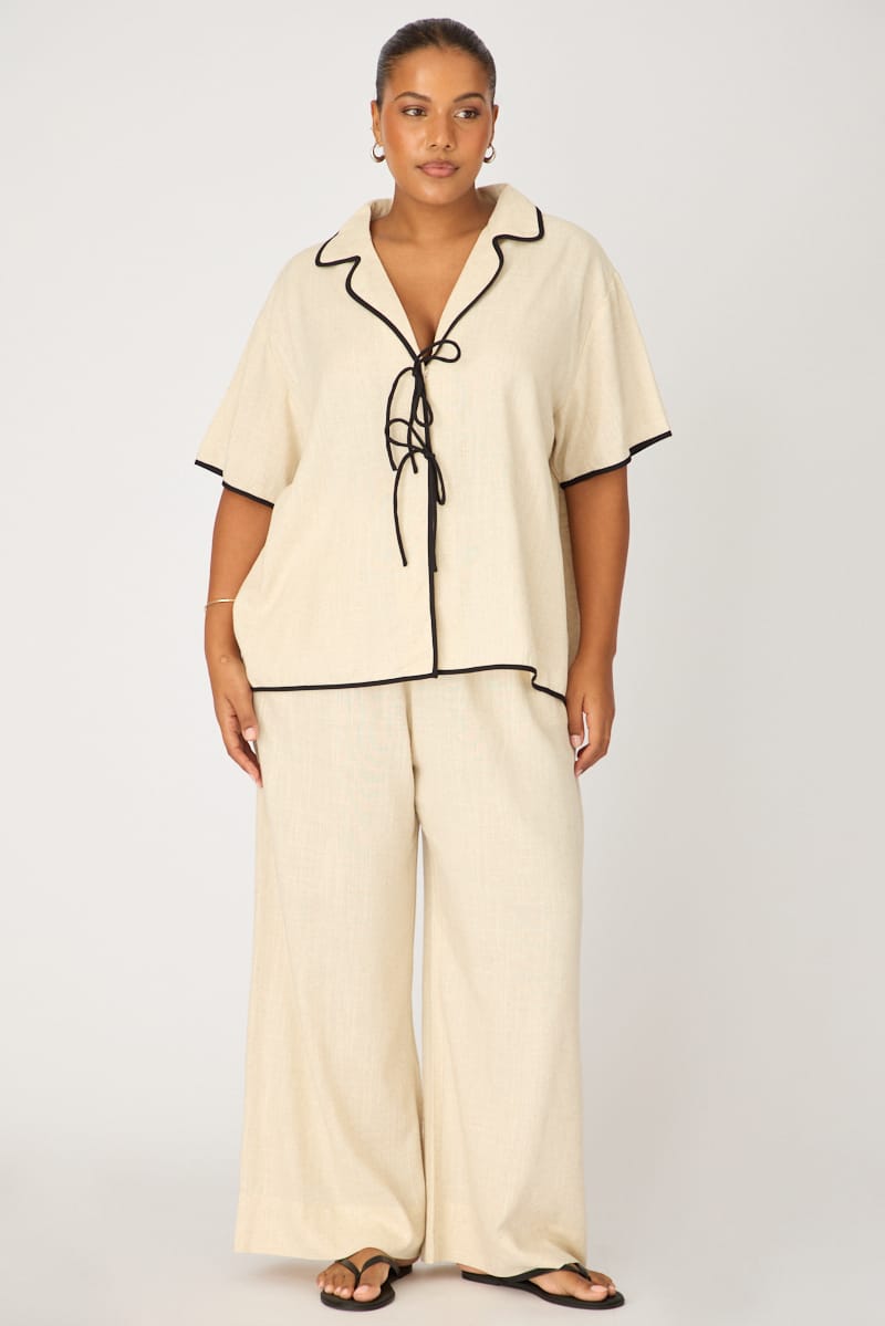 Beige Collar Top Short Sleeve Tie Up for YouandAll Fashion