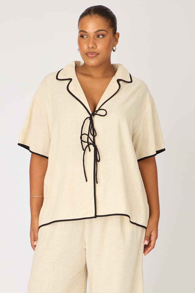 Beige Collar Top Short Sleeve Tie Up for YouandAll Fashion