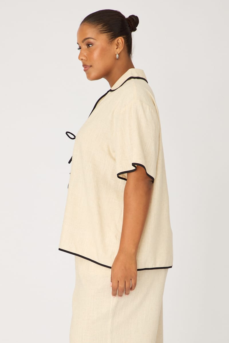 Beige Collar Top Short Sleeve Tie Up for YouandAll Fashion