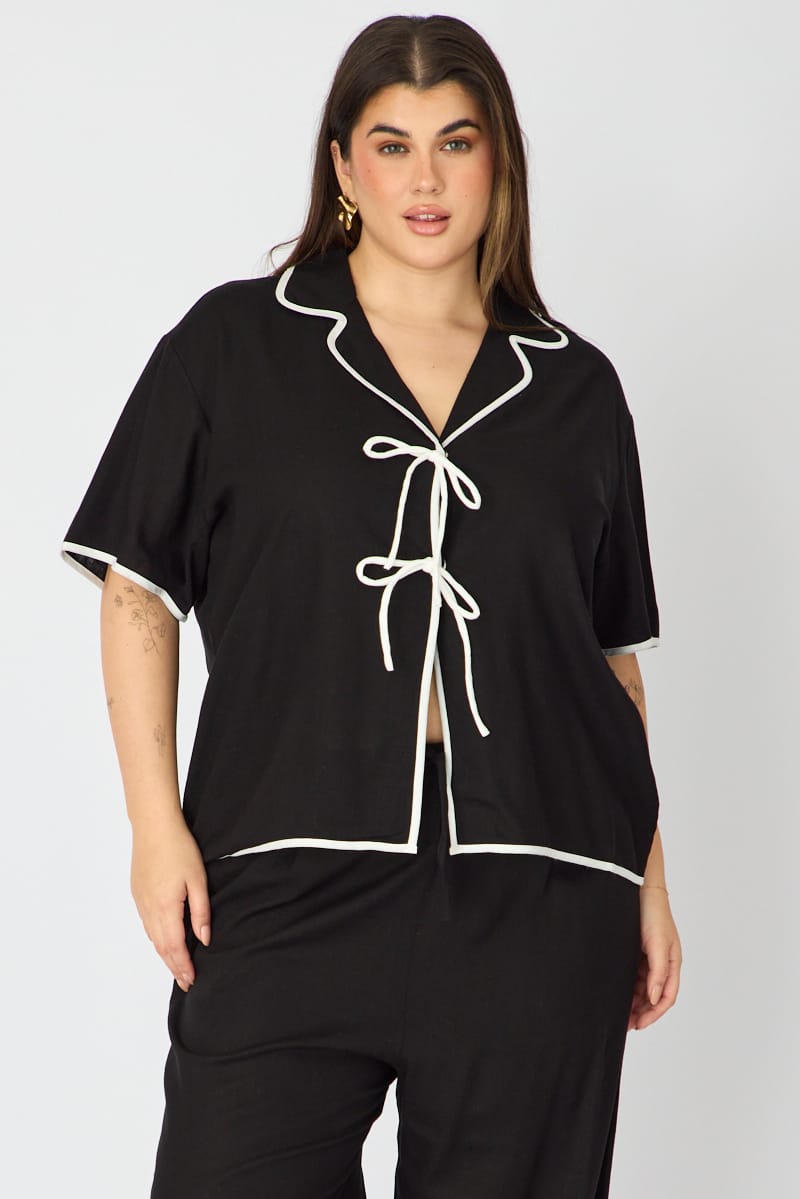 Black Collar Top Short Sleeve Tie Up for YouandAll Fashion