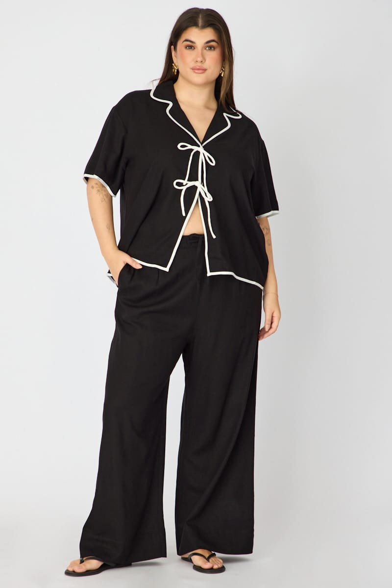 Black Collar Top Short Sleeve Tie Up for YouandAll Fashion